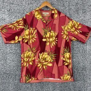 Tommy Bahama Shirt Mens Large Red Yellow Floral Hawaiian Silk Loop Collar Camp L